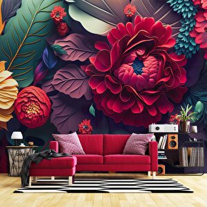 3 Boyutlu Kırmızı Turuncu Çiçek Desenli Duvar Kağıdı - Dkm976034 425x240 cm
