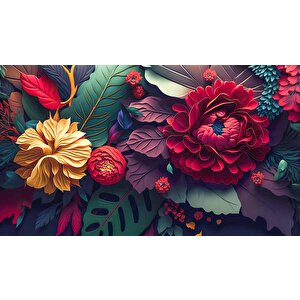 3 Boyutlu Kırmızı Turuncu Çiçek Desenli Duvar Kağıdı - Dkm976025