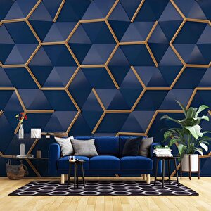 3 Boyutlu Lacivert Gold Temalı Duvar Kağıdı - Dkm629082 600x280 cm