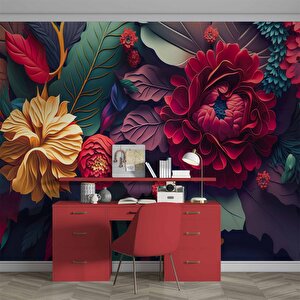 3 Boyutlu Kırmızı Turuncu Çiçek Desenli Duvar Kağıdı - Dkm976084