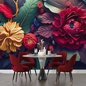 3 Boyutlu Kırmızı Turuncu Çiçek Desenli Duvar Kağıdı - Dkm976112