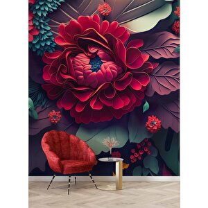 3 Boyutlu Kırmızı Turuncu Çiçek Desenli Duvar Kağıdı - Dkm976112