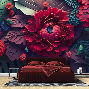 3 Boyutlu Kırmızı Turuncu Çiçek Desenli Duvar Kağıdı - Dkm976101 525x300 cm