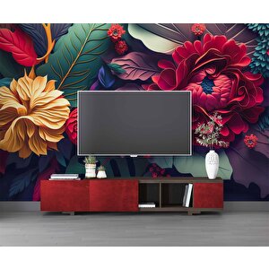 3 Boyutlu Kırmızı Turuncu Çiçek Desenli Duvar Kağıdı - Dkm976046 200x260 cm