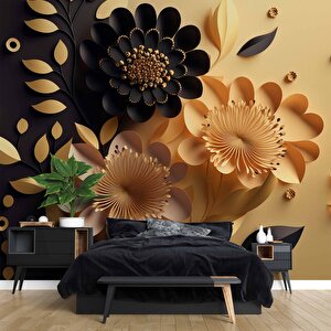3 Boyutlu Sarı Siyah Çiçek Desenli Duvar Kağıdı - Dkm975072 325x280 cm