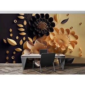 3 Boyutlu Sarı Siyah Çiçek Desenli Duvar Kağıdı - Dkm975072