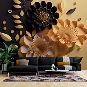3 Boyutlu Sarı Siyah Çiçek Desenli Duvar Kağıdı - Dkm975087 150x300 cm