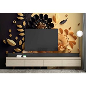 3 Boyutlu Sarı Siyah Çiçek Desenli Duvar Kağıdı - Dkm975087 150x300 cm