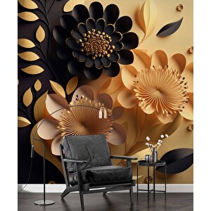 3 Boyutlu Sarı Siyah Çiçek Desenli Duvar Kağıdı - Dkm975087