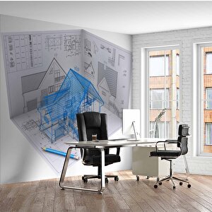 Mimari Ev Çizimli Gayrimenkul Emlak Ve Gayrimenkul Duvar Kağıdı Baskı - Dkm342104 700x300 cm
