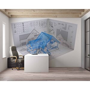 Mimari Ev Çizimli Gayrimenkul Emlak Ve Gayrimenkul Duvar Kağıdı Baskı - Dkm342104 700x300 cm