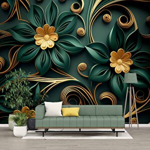 Gold-zümrüt Yeşili Çiçek Temalı Duvar Kağıdı Baskı - Dkm107014 450x200 cm
