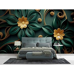 Gold-zümrüt Yeşili Çiçek Temalı Duvar Kağıdı Baskı - Dkm107014 450x200 cm