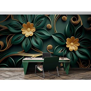 Gold-zümrüt Yeşili Çiçek Temalı Duvar Kağıdı Baskı - Dkm107103