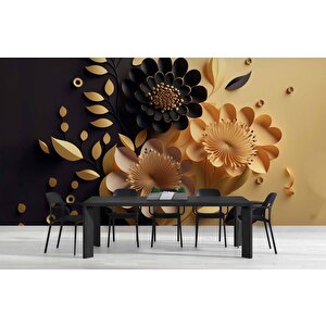 3 Boyutlu Sarı Siyah Çiçek Desenli Duvar Kağıdı - Dkm975048