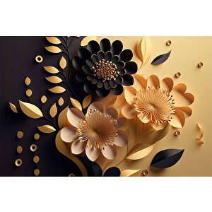 3 Boyutlu Sarı Siyah Çiçek Desenli Duvar Kağıdı - Dkm975048