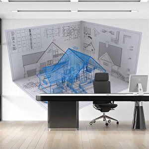 Mimari Ev Çizimli Gayrimenkul Emlak Ve Gayrimenkul Duvar Kağıdı Baskı - Dkm342001 100x100 cm