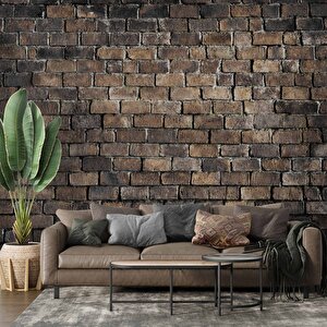 3 Boyutlu Koyu Kahverengi Tuğla Duvar Temalı Duvar Kağıdı - Dkm661047 225x260 cm
