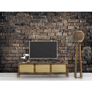 3 Boyutlu Koyu Kahverengi Tuğla Duvar Temalı Duvar Kağıdı - Dkm661047 225x260 cm
