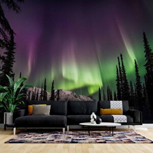 Gece Dağ Ve Orman Kutup Işıkları Manzaralı Duvar Kağıdı - Dkm839006 250x200 cm