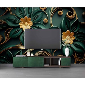 Gold-zümrüt Yeşili Çiçek Temalı Duvar Kağıdı Baskı - Dkm107011 375x200 cm