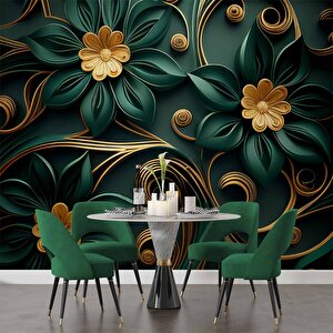 Gold-zümrüt Yeşili Çiçek Temalı Duvar Kağıdı Baskı - Dkm107113
