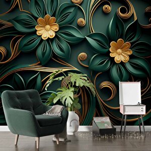 Gold-zümrüt Yeşili Çiçek Temalı Duvar Kağıdı Baskı - Dkm107113