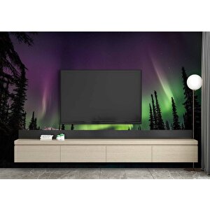 Gece Dağ Ve Orman Kutup Işıkları Manzaralı Duvar Kağıdı - Dkm839014 450x200 cm