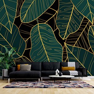 Yeşil Yaprak Ve Altın Çizgi Duvar Kağıdı - Dkm498032 375x240 cm