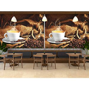 Fincan Ve Kahve Çekirdeği Temalı Cafe Duvar Kağıdı Baskı - Dkm271018 550x200 cm