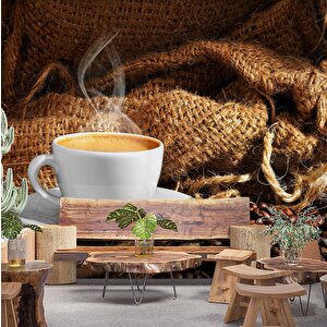 Fincan Ve Kahve Çekirdeği Temalı Cafe Duvar Kağıdı Baskı - Dkm271057 475x260 cm