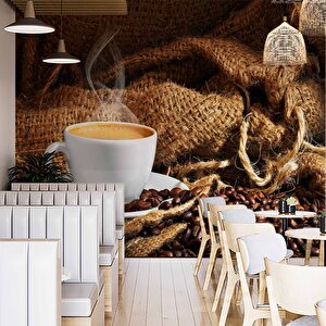 Fincan Ve Kahve Çekirdeği Temalı Cafe Duvar Kağıdı Baskı - Dkm271071 300x280 cm