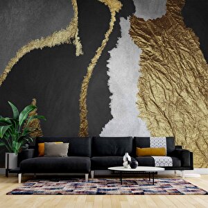 3 Boyutlu Siyah Beyaz Ve Altın Desenli Duvar Kağıdı - Dkm726018 550x200 cm
