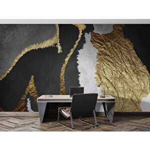 3 Boyutlu Siyah Beyaz Ve Altın Desenli Duvar Kağıdı - Dkm726018 550x200 cm