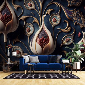 3 Boyutlu Lacivert Lale Desenli Duvar Kağıdı - Dkm909027 250x240 cm