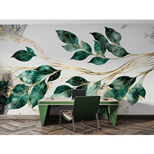 Yeşil Yaprak Altın Dal Deseneli Duvar Kağıdı - Dkm893076