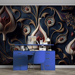 3 Boyutlu Lacivert Lale Desenli Duvar Kağıdı - Dkm909029