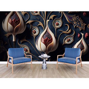 3 Boyutlu Lacivert Lale Desenli Duvar Kağıdı - Dkm909078