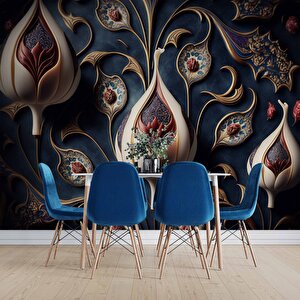 3 Boyutlu Lacivert Lale Desenli Duvar Kağıdı - Dkm909056
