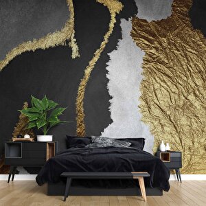 3 Boyutlu Siyah Beyaz Ve Altın Desenli Duvar Kağıdı - Dkm726011 375x200 cm