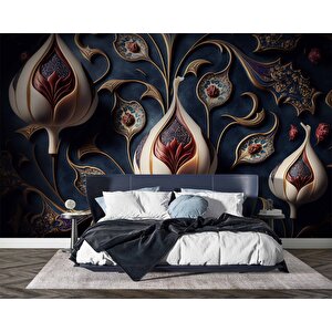 3 Boyutlu Lacivert Lale Desenli Duvar Kağıdı - Dkm909069 250x280 cm