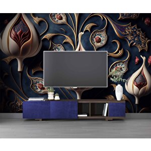 3 Boyutlu Lacivert Lale Desenli Duvar Kağıdı - Dkm909069 250x280 cm