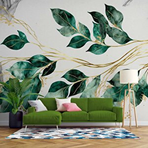 Yeşil Yaprak Altın Dal Deseneli Duvar Kağıdı - Dkm893085 900x280 cm