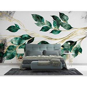 Yeşil Yaprak Altın Dal Deseneli Duvar Kağıdı - Dkm893085 900x280 cm