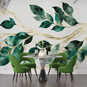 Yeşil Yaprak Altın Dal Deseneli Duvar Kağıdı - Dkm893085