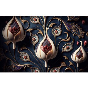3 Boyutlu Lacivert Lale Desenli Duvar Kağıdı - Dkm909077