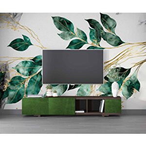 Yeşil Yaprak Altın Dal Deseneli Duvar Kağıdı - Dkm893084 800x280 cm