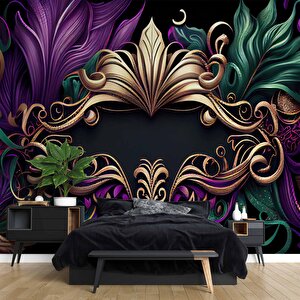 3 Boyutlu Mor Yeşil Altın Desenli Duvar Kağıdı - Dkm785055 425x260 cm