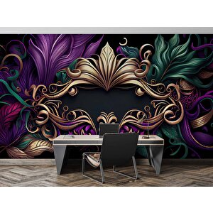 3 Boyutlu Mor Yeşil Altın Desenli Duvar Kağıdı - Dkm785055