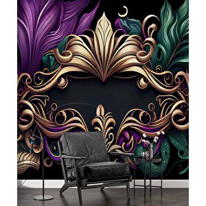 3 Boyutlu Mor Yeşil Altın Desenli Duvar Kağıdı - Dkm785055